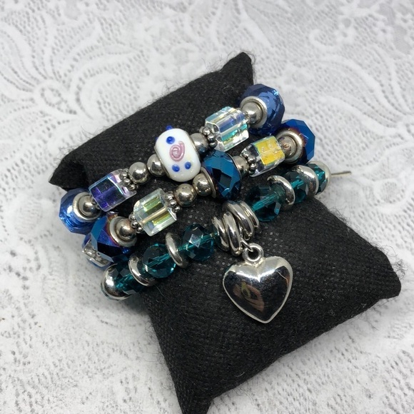 BUNDLE lot 3 art glass and crystal charm stretch bracelets small wrist size - Picture 5 of 6